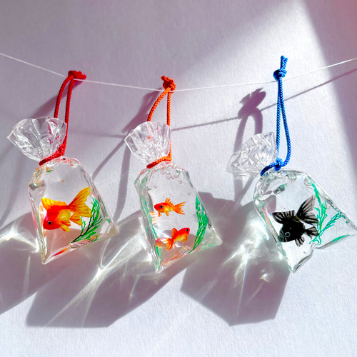 金魚すくいの金魚袋 小(和金二匹) ミニチュア ストラップ 帯 金魚すくいの金魚袋 小(和金二匹) ミニチュア ストラップ 帯