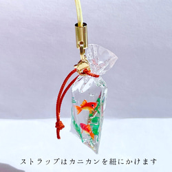 金魚すくいの金魚袋（和金二匹）　ミニチュア　ストラップ　帯飾り 6枚目の画像