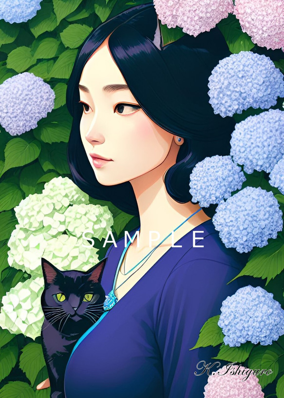 猫と女性と紫陽花(昭和レトロ風イラスト)A4額付き　№s-1101 1枚目の画像