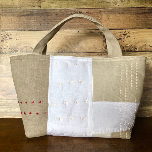 麻パッチワーク刺し子かばん ベージュ・白 トートバッグ 9210 通販