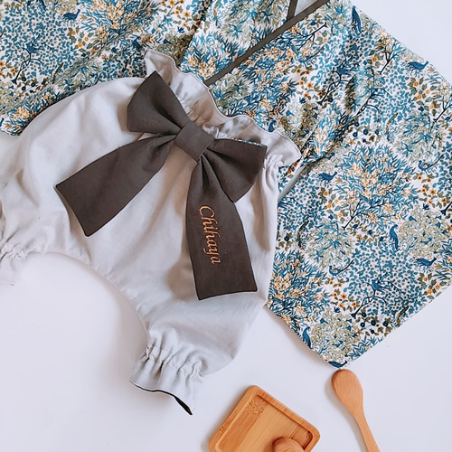 Blueリバティ ベビー着物 リバーシブル袴 出産祝い 初節句 お食い初め