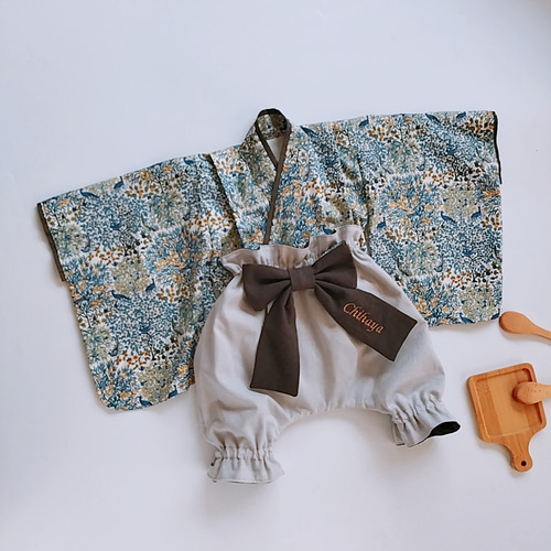 Blueリバティ ベビー着物 リバーシブル袴 出産祝い 初節句 お食い初め