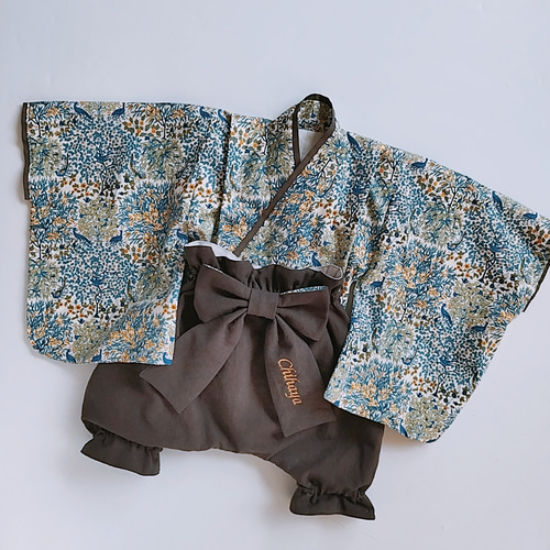 Blueリバティ ベビー着物 リバーシブル袴 出産祝い 初節句 お食い初め