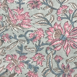 [50cm單位]灰色粉紅色花棕色葉子印度手工塊印花織物紡織棉 第2張的照片