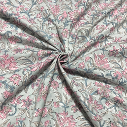 [50cm單位]灰色粉紅色花棕色葉子印度手工塊印花織物紡織棉 第1張的照片