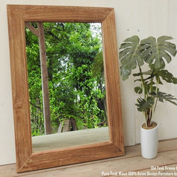 オールドチーク材のミラー 40cm 壁掛け鏡 チーク無垢材フレーム 古材
