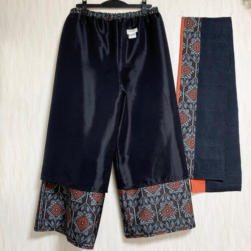 朱花＊大島紬ワイドパンツ＋ストール＊裏地付き＊着物リメイク