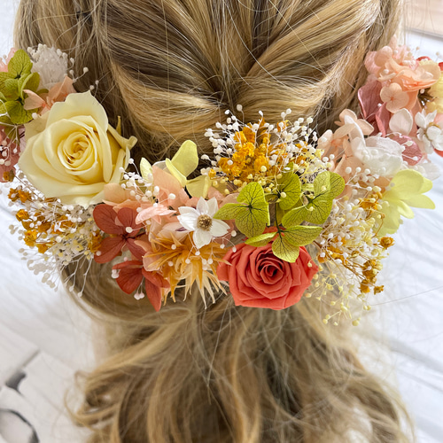 完売 小花いっぱい 濃いめくすみオレンジ 髪飾り ヘッドドレス ヘッド ヘアアクセサリー