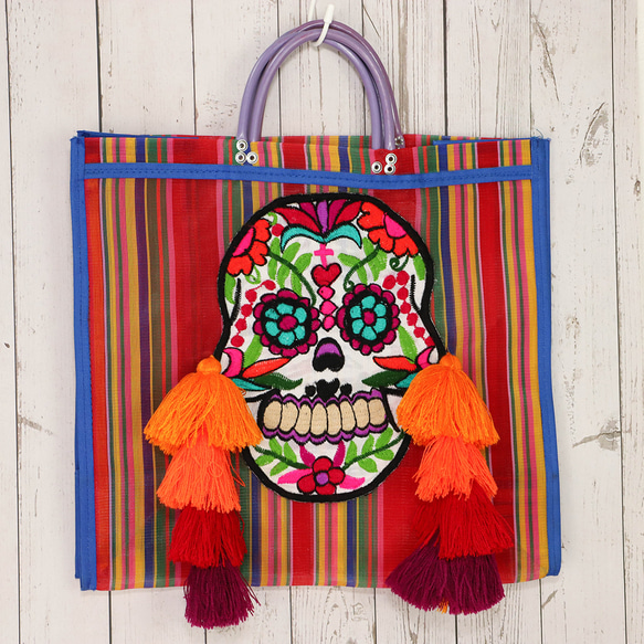 メキシコ製 メルカド メッシュトートバッグ カラベラ マチ付き 002