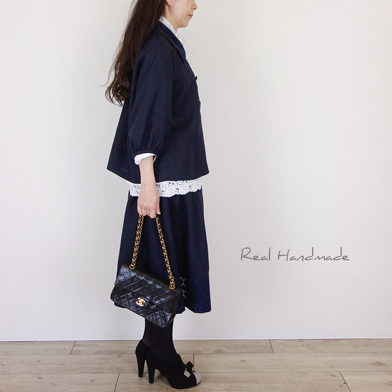 [予約販売] ヨーロッパネイビーリネンサークル刺繍Wジャケット