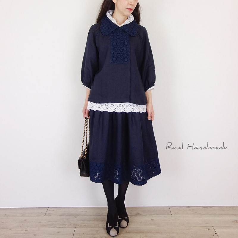 [予約販売] ヨーロッパネイビーリネンサークル刺繍Wジャケット