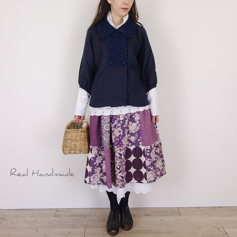 [予約販売] ヨーロッパネイビーリネンサークル刺繍Wジャケット