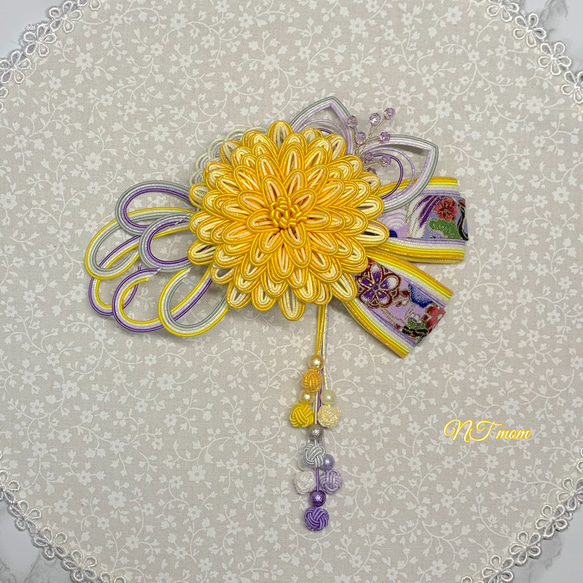 成人式卒業式・和装水引髪飾り・華一輪・黄うす紫 2枚目の画像