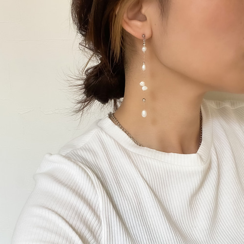 ミックス淡水パール×ロングチェーン(ゴールド/シルバー) ピアス
