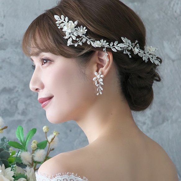 ヘッドドレス【シエンナ】(H-169)|花嫁 小枝 ウエディング 結婚式 カチューシャ ナチュラル  シルバー フラワー 2枚目の画像