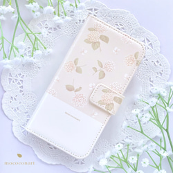 ピンクアナベル柄アンティークピンク 手帳型スマホケース iPhone Android アンドロイド 全機種対応 紫陽花 1枚目の画像