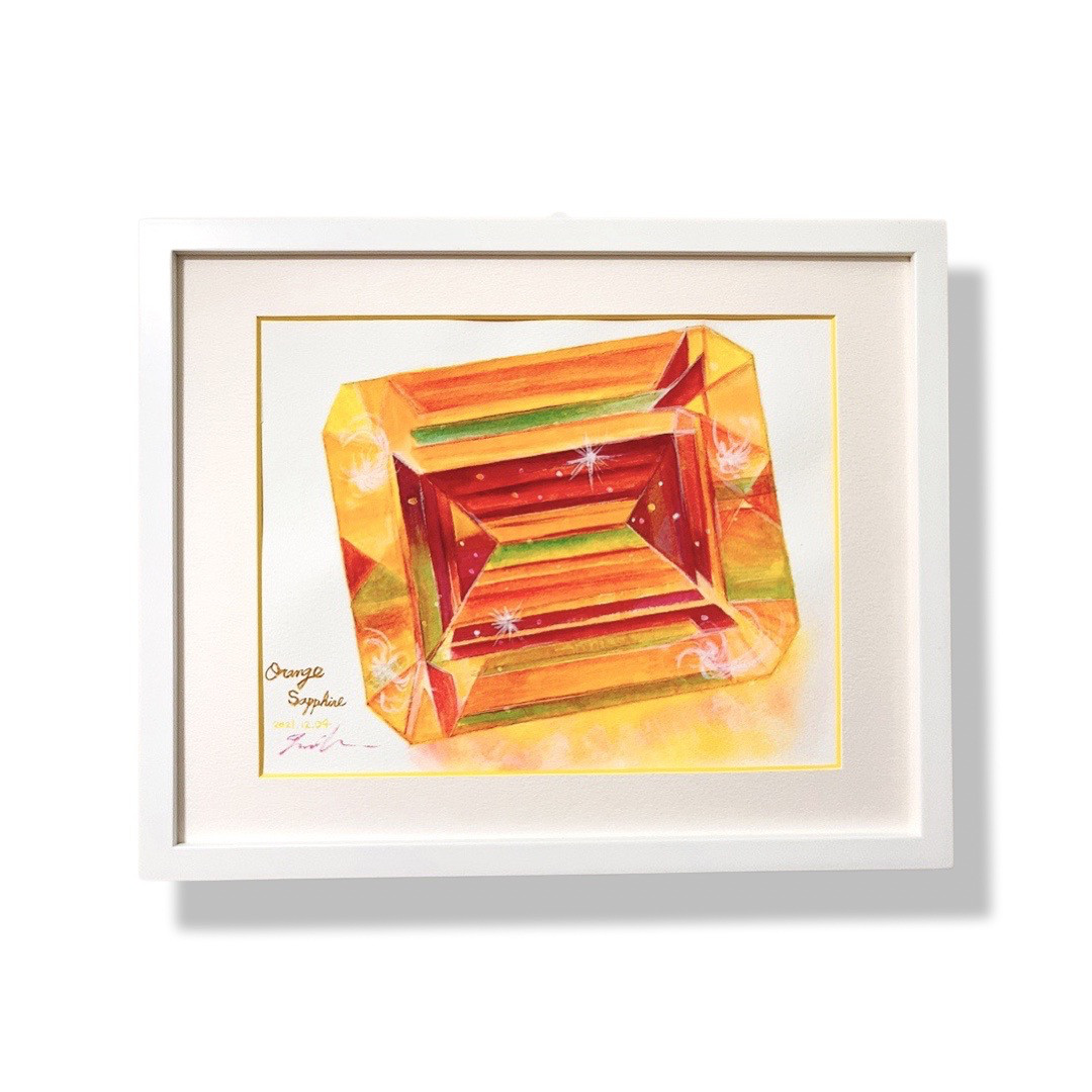 宝石アート 宝石の絵 原画 オレンジ サファイア 水彩画 宝石画 インテリア 原画