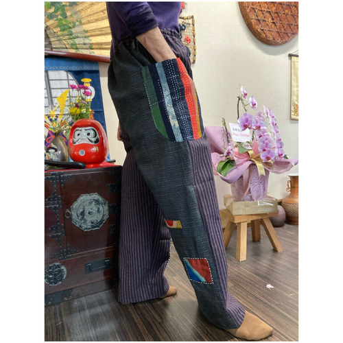 縞絣と書生絣のパンツ(大漁旗刺し子パッチ付き) 古布リメイク ロング
