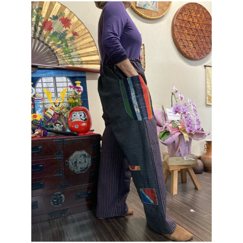 縞絣と書生絣のパンツ(大漁旗刺し子パッチ付き) 古布リメイク ロング