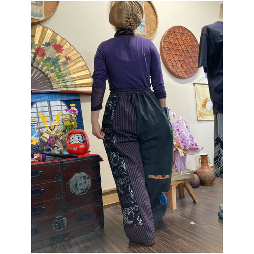 縞絣と書生絣のパンツ(大漁旗刺し子パッチ付き) 古布リメイク ロング