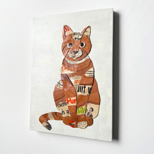 安い 猫 レザーのコラージュアート（ネコ） A4サイズ 絵画 木製パネル 絵本・児童書