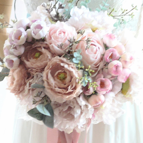 ウエディングブーケ(ローズ&ピオニー)ブートニア込み 世界で1つ貴女