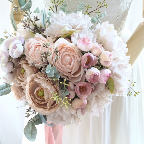 ウエディングブーケ(ローズ&ピオニー)ブートニア込み 世界で1つ貴女