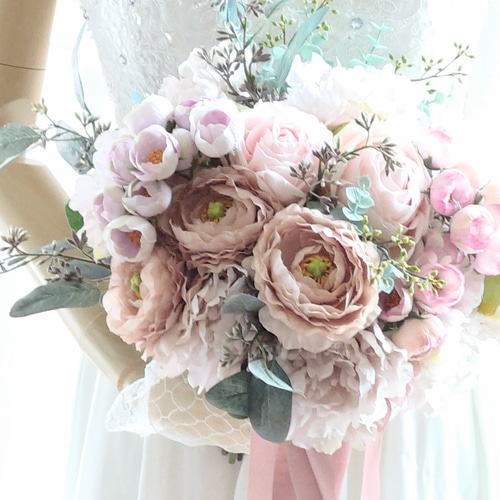 ウエディングブーケ、ブートニア ウエディングブーケ(ローズ&ピオニー)ブートニア込み 世界で1つ貴女