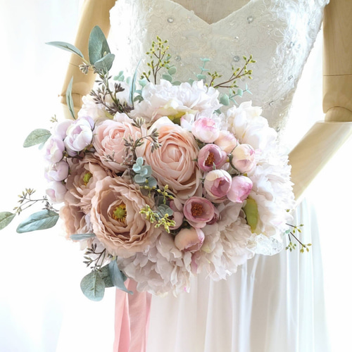 ウエディングブーケ(ローズ&ピオニー)ブートニア込み 世界で1つ貴女