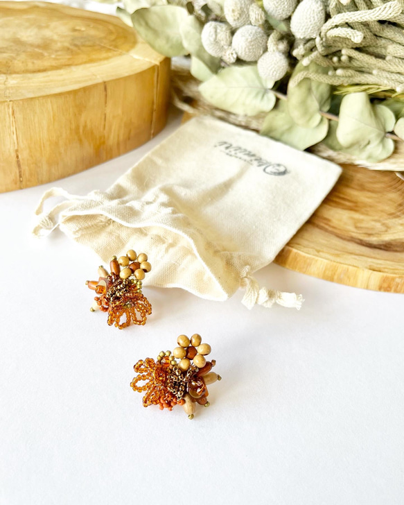 flower bouquet wood フラワー ウッドビーズ ピアス イヤリング 大ぶり 
