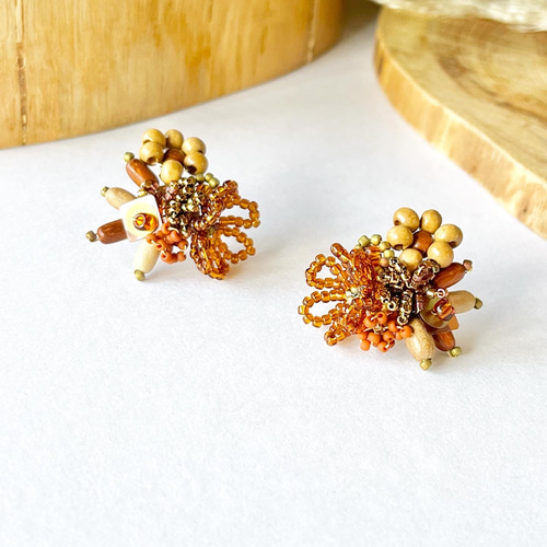 flower bouquet wood フラワー ウッドビーズ ピアス イヤリング 大ぶり 