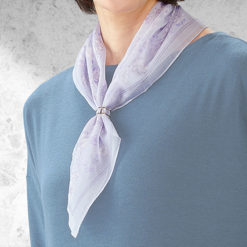 フラワースカーフ パープル シルク100％ リングセット ストール