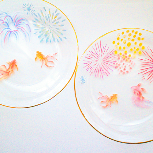 水面に映る花火と金魚〜ガラスプレート 新作〜 中皿 ❤︎Blanche Neige
