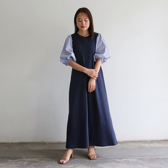ストライプ バルーン袖 コットン ワンピース ネイビー 0542NV 洋裝