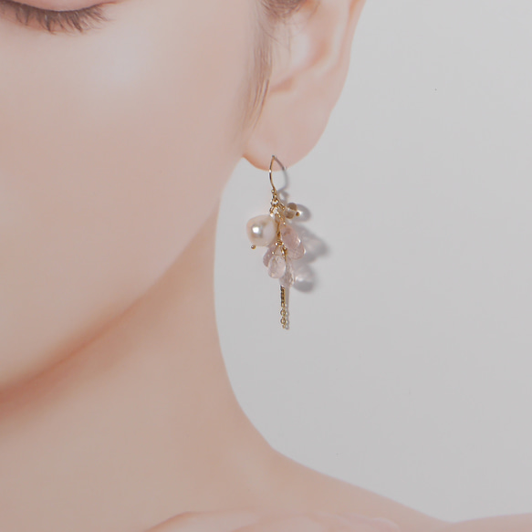 #947E Akoya 珍珠和玫瑰石英觸感柔軟的耳環 第4張的照片