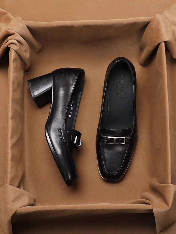 ブラウン レザー オックスフォードシューズ 中ヒール ブラウン レザー