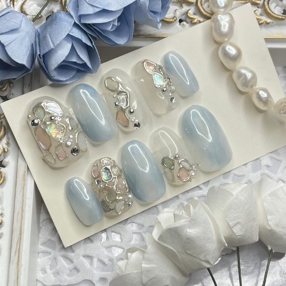 サイズオーダー♡ パステルシェルネイルチップ ブルー ネイルチップ  