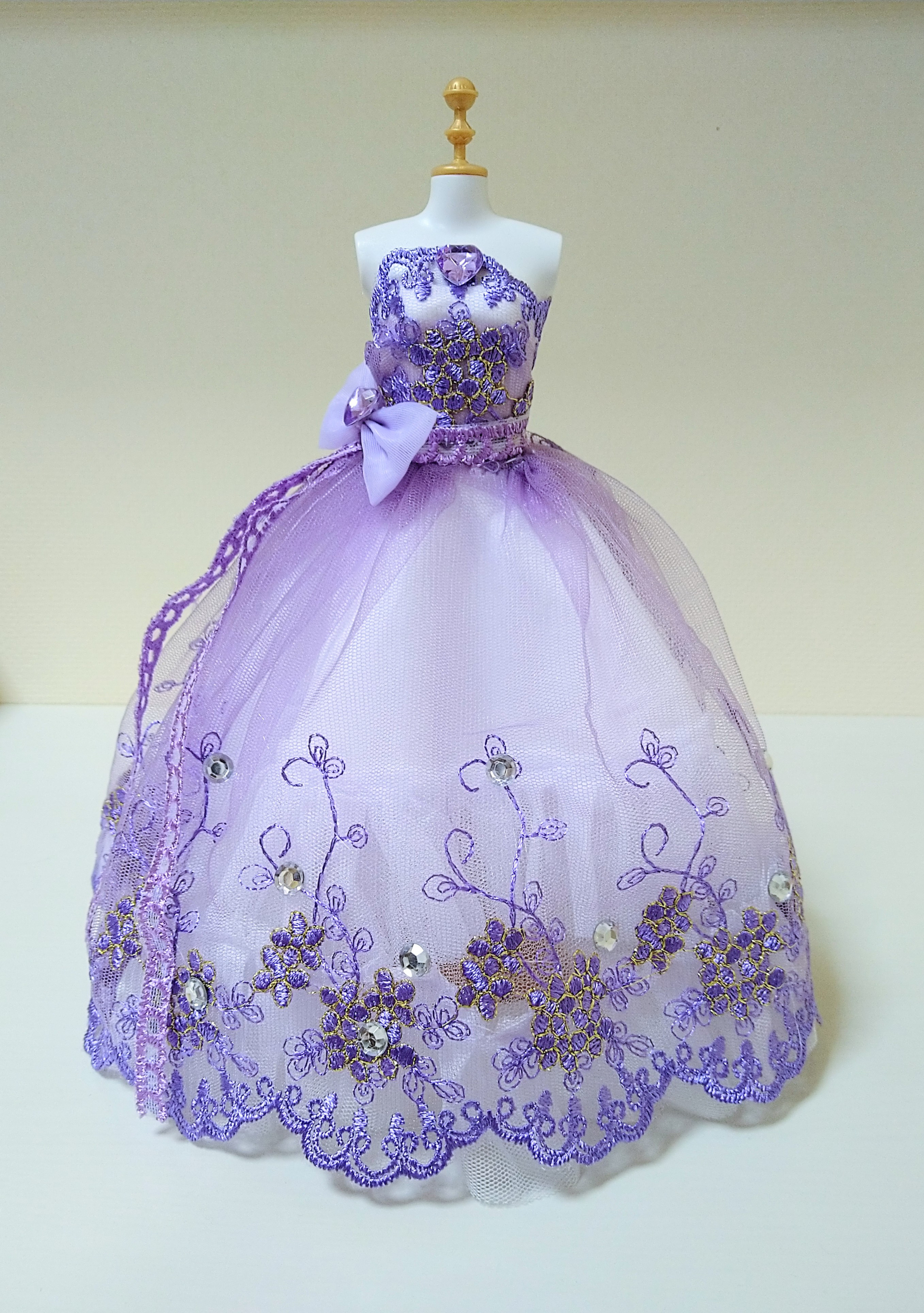 249一点物ミニチュアウエディングドレス☆紫バッスル風チュールロング