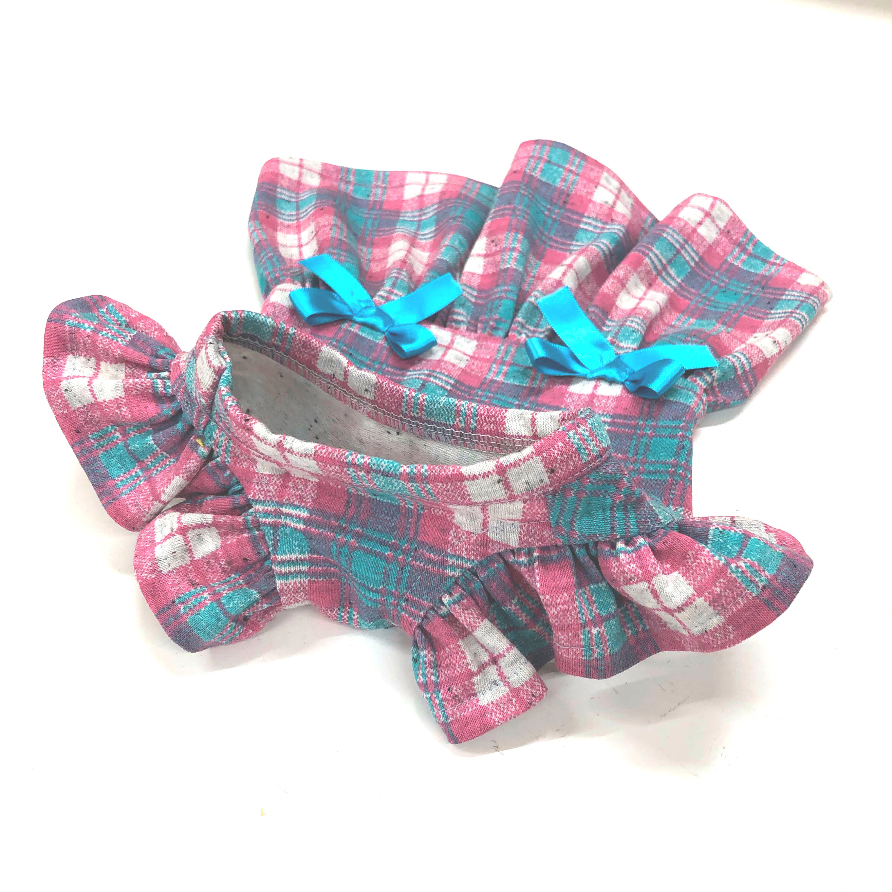 現品のみピンクチェック犬服ハンドメイドワンピース ひろみん