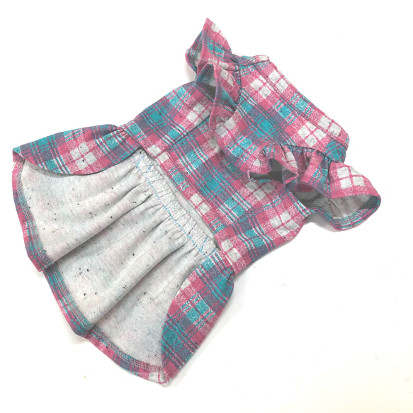 春夏ワンピース　タータンチェック柄　ピンク、ターコイズブルー色・犬服 4枚目の画像