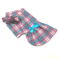 春夏ワンピース　タータンチェック柄　ピンク、ターコイズブルー色・犬服 3枚目の画像
