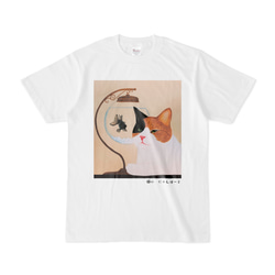 猫心Tシャツ「Love」猫と金魚／選べるプリント面／ホワイト/受注生産 1枚目の画像