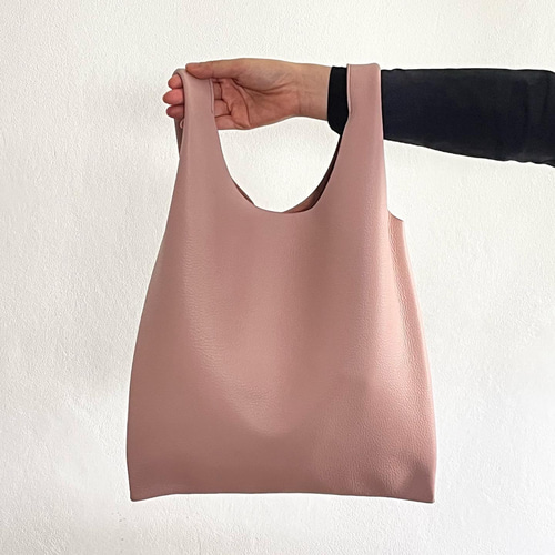 本革 高級レザー 名入れキーホルダー付き エコバッグ ピンクベージュ