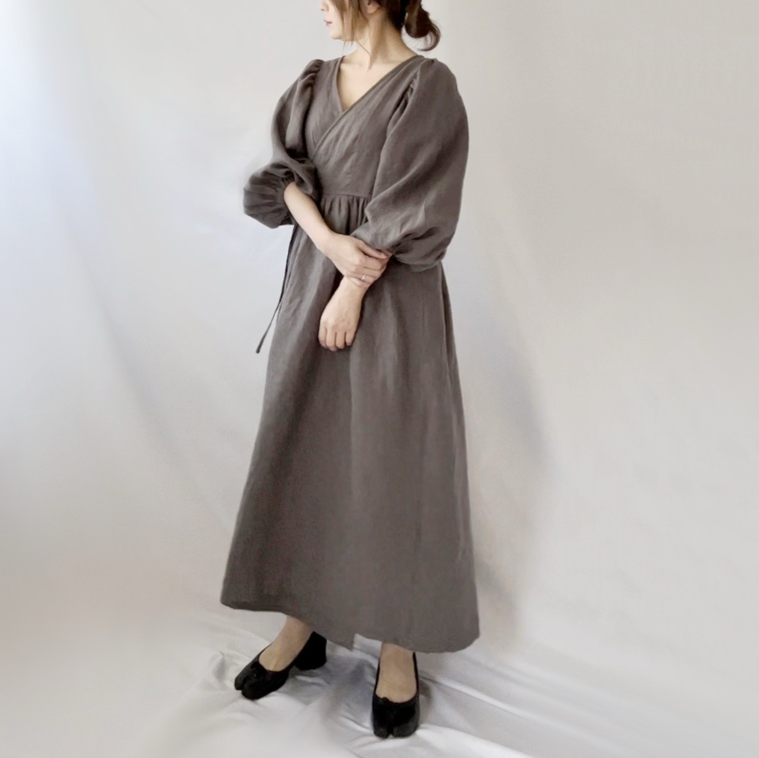 2WAY❤️リネンカシュクールワンピース　長袖　ロング丈　チャコールグレー