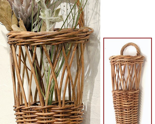 ラタン製　花モチーフ壁掛け木製ラック ラタン 壁掛け バスケット Lサイズ かご フラワーバスケット 吊り下げ