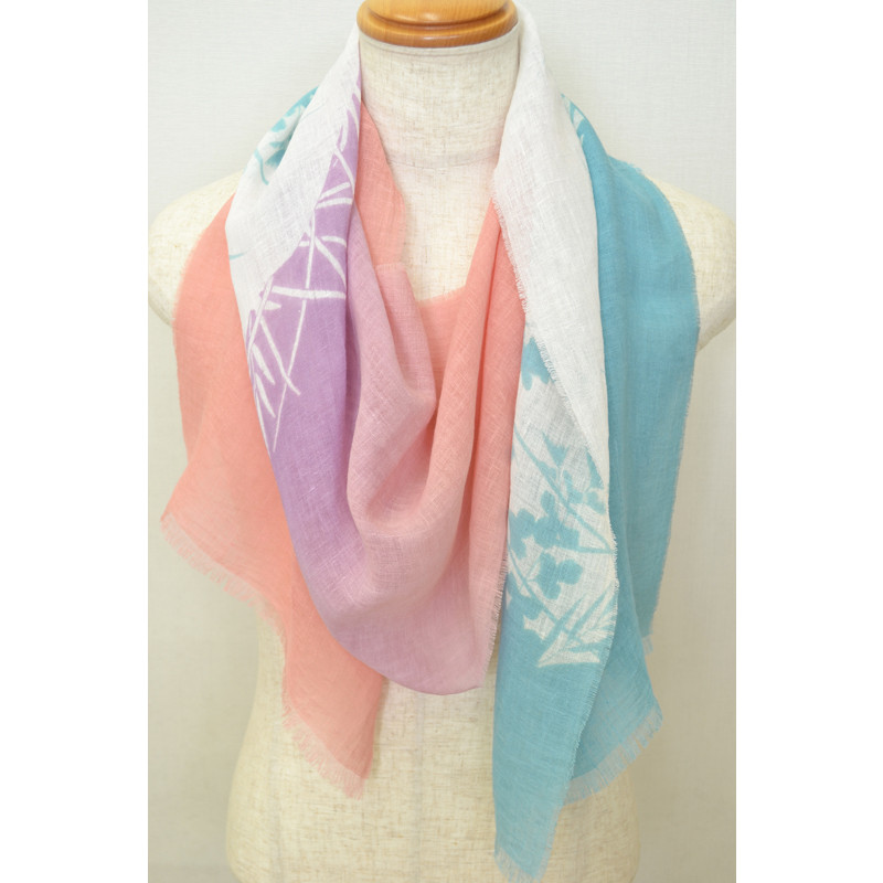 手描友禅染した麻のストール　silhouette四君子　ピンク