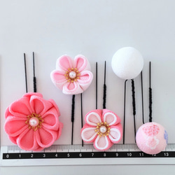 つまみ細工 髪飾り 5本セット うす紅×白×さくら＊七五三/夏祭り/和装/着物/浴衣/ 7枚目の画像