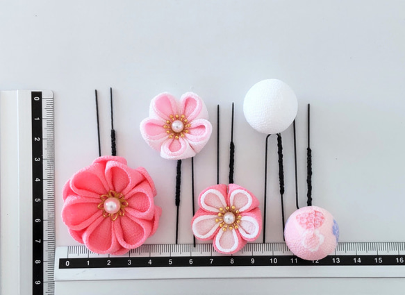 つまみ細工 髪飾り 5本セット うす紅×白×さくら＊七五三/夏祭り/和装/着物/浴衣/ 7枚目の画像