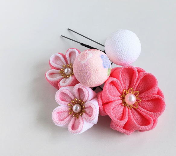 つまみ細工 髪飾り 5本セット うす紅×白×さくら＊七五三/夏祭り/和装/着物/浴衣/ 1枚目の画像