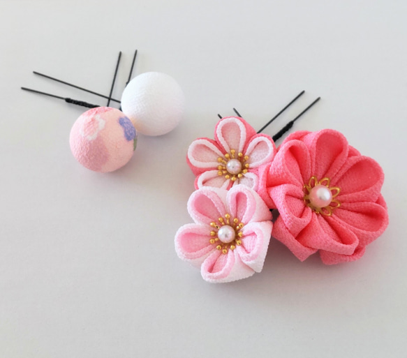 つまみ細工 髪飾り 5本セット うす紅×白×さくら＊七五三/夏祭り/和装/着物/浴衣/ 5枚目の画像